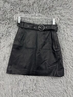 Divided Faux Leather Mini Skirt Womens 0 Black Removable Belt Zipper